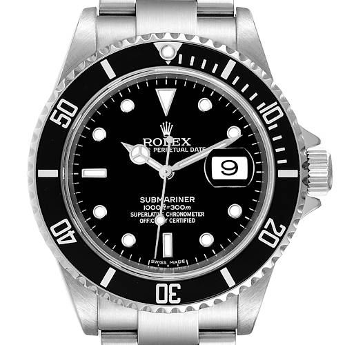This image shows a front view of a Rolex Submariner 16610 Men's Stainless Steel Black Dial 16610 Men's Stainless Steel Black Dial watch, highlighting its bezel, dial, and bracelet.