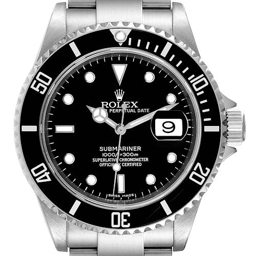 The image shows a front view of a Rolex Submariner 16610 Men's Stainless Steel Black Dial 16610 Men's Stainless Steel Black Dial, highlighting the dial, bezel, hands, and date window.