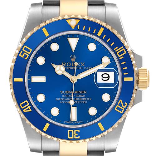 The Rolex Submariner 116613 Men's Steel and Gold (two tone) Blue Dial 116613 Men's Steel and Gold (two tone) Blue Dial watch is shown from the front, highlighting the blue dial, bezel, and gold detailing.