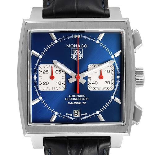 The Tag Heuer Monaco CAW2111 Men's Steel and Gold (two tone) Blue Dial CAW2111 Men's Steel and Gold (two tone) Blue Dial model watch is shown from a front angle, highlighting its square blue dial, chronograph sub-dials, and date window.