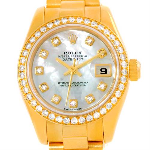 This image shows a front view of a Rolex President 179138 Women's Yellow Gold Mother of Pearl Dial 179138 Women's Yellow Gold Mother of Pearl Dial model watch, showcasing its dial and diamond-studded bezel.