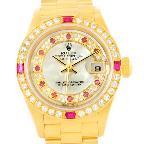 This image shows a frontal view of the Rolex President 79068 Women's Yellow Gold Mother of Pearl Dial 79068 Women's Yellow Gold Mother of Pearl Dial model watch, highlighting the face, bezel, and bracelet.