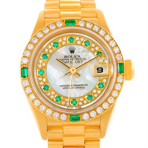 The image shows a close-up, front view of a Rolex President 79068 Women's Yellow Gold Mother of Pearl Dial 79068 Women's Yellow Gold Mother of Pearl Dial model watch with a jeweled bezel, dial, and bracelet.