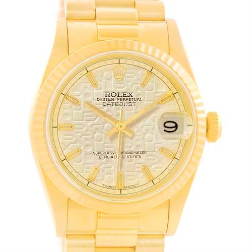 The image shows a Rolex President 68278 Women's Yellow Gold Beige Dial 68278 Women's Yellow Gold Beige Dial model watch from a front angle, highlighting its dial, hands, date window, bezel, and bracelet.
