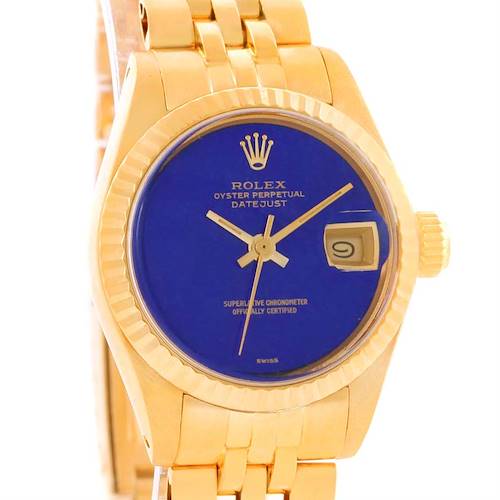 The image shows a frontal view of a Rolex President 6917 Women's Yellow Gold Blue Dial 6917 Women's Yellow Gold Blue Dial model with a gold band, blue dial, and date display.