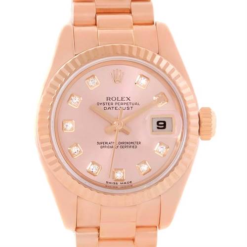 The image shows a frontal view of the Rolex President 179175 Women's Rose Gold Pink Dial 179175 Women's Rose Gold Pink Dial model watch, highlighting the face, bezel, dial, and part of the bracelet.