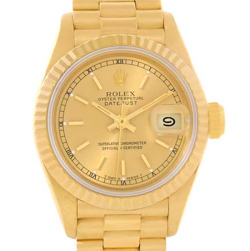 The image shows a front view of a Rolex President 69178 Women's Yellow Gold Champagne Dial 69178 Women's Yellow Gold Champagne Dial model Oyster Perpetual Datejust watch, highlighting its face and bracelet.