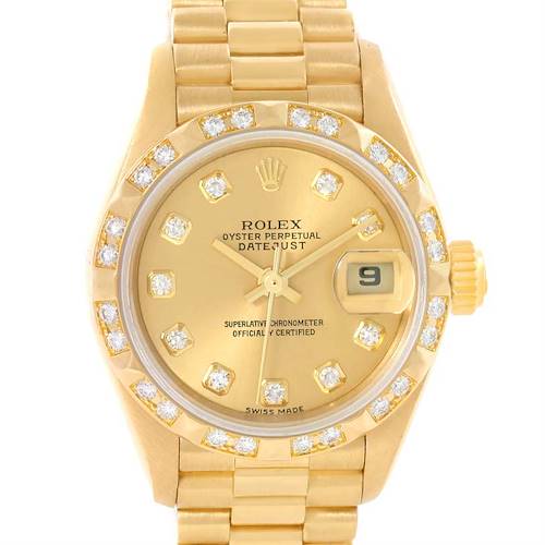 The image shows a Rolex President 79258 Women's Yellow Gold Champagne Dial 79258 Women's Yellow Gold Champagne Dial model watch from a front-facing angle, highlighting its dial, bezel, and part of the bracelet.