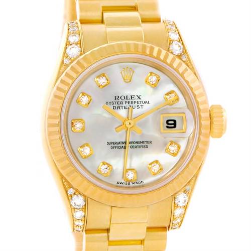 This image shows a Rolex President 179238 Women's Yellow Gold Mother of Pearl Dial 179238 Women's Yellow Gold Mother of Pearl Dial watch from the Datejust line, displaying the face and part of the gold bracelet with diamond accents.
