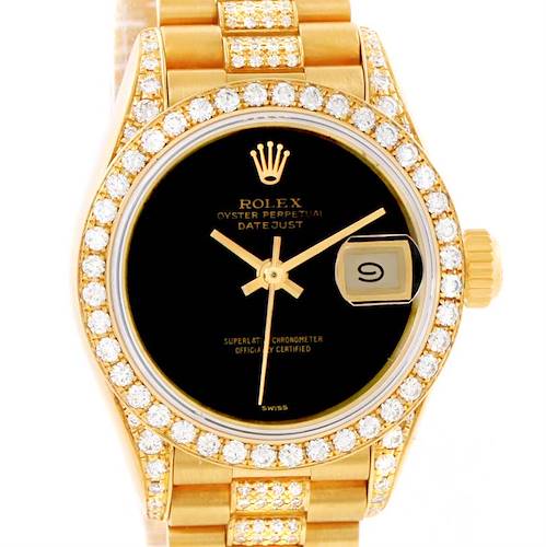 The Rolex President 69158 Women's Yellow Gold Black Dial 69158 Women's Yellow Gold Black Dial model watch is shown from a front angle, highlighting the dial, bezel, and part of the bracelet.