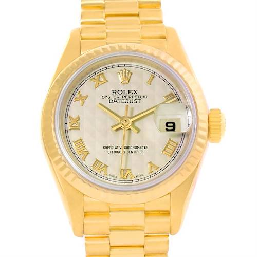 The image shows a frontal view of a Rolex President 79178 Women's Yellow Gold Beige Dial 79178 Women's Yellow Gold Beige Dial model watch, highlighting the dial, hands, bracelet, and date window.