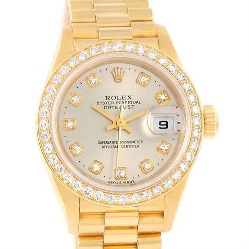 This image shows the face, bezel, and part of the bracelet of a Rolex President 79138 Women's Yellow Gold Silver Dial 79138 Women's Yellow Gold Silver Dial model watch.