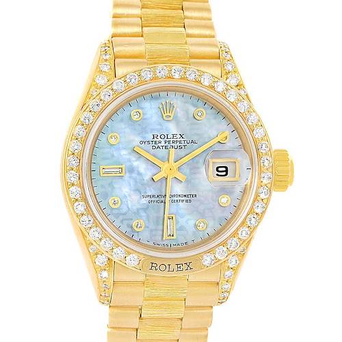 The image shows a front view of a Rolex President 69158 Women's Yellow Gold Mother of Pearl Dial 69158 Women's Yellow Gold Mother of Pearl Dial model watch, highlighting its gold case, diamond bezel, and blue dial.