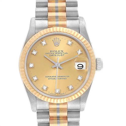 The image shows a front view of the Rolex President 68279B Women's White Gold Brown Dial 68279B Women's White Gold Brown Dial Datejust watch, displaying the dial, bezel, and bracelet.