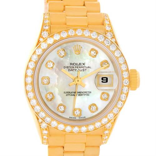 The image shows a front view of a Rolex President 69158 Women's Yellow Gold Mother of Pearl Dial 69158 Women's Yellow Gold Mother of Pearl Dial Datejust watch, highlighting its dial, bezel, and part of the bracelet.