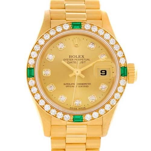 The image shows a front view of a Rolex President 69078 Women's Yellow Gold Champagne Dial 69078 Women's Yellow Gold Champagne Dial model watch, including the face, bezel, and part of the bracelet.