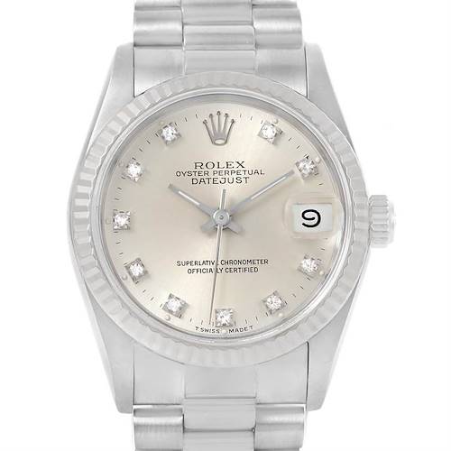 This image shows a close-up, front-view angle of a Rolex President 68279 Women's White Gold Silver Dial 68279 Women's White Gold Silver Dial model watch.