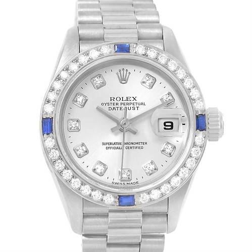This image shows a front view of a Rolex President 79179 Women's White Gold Silver Dial 79179 Women's White Gold Silver Dial model watch, displaying its dial, bezel, and part of the bracelet.