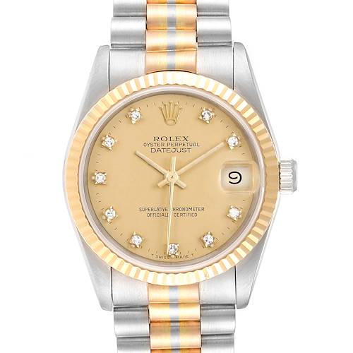 This image shows a front view of the Rolex President 68279 Women's White Gold Champagne Dial 68279 Women's White Gold Champagne Dial model watch, highlighting its face, fluted bezel, and two-tone bracelet.