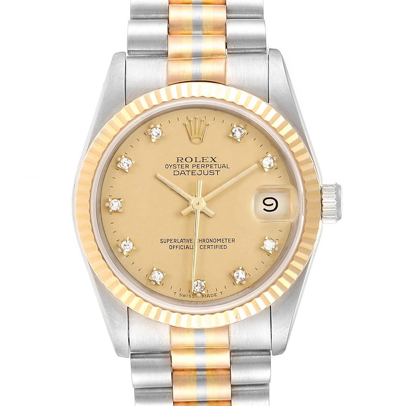 This is a front view of a Rolex President 68279 Women's White Gold Champagne Dial 68279 Women's White Gold Champagne Dial model watch, showing the dial, bezel, and two-tone bracelet.