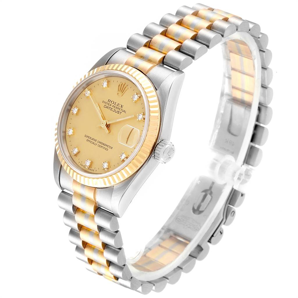 The image shows a side angle view of a Rolex President 68279 Women's White Gold Champagne Dial 68279 Women's White Gold Champagne Dial model watch, highlighting its two-tone bracelet, bezel, and dial.