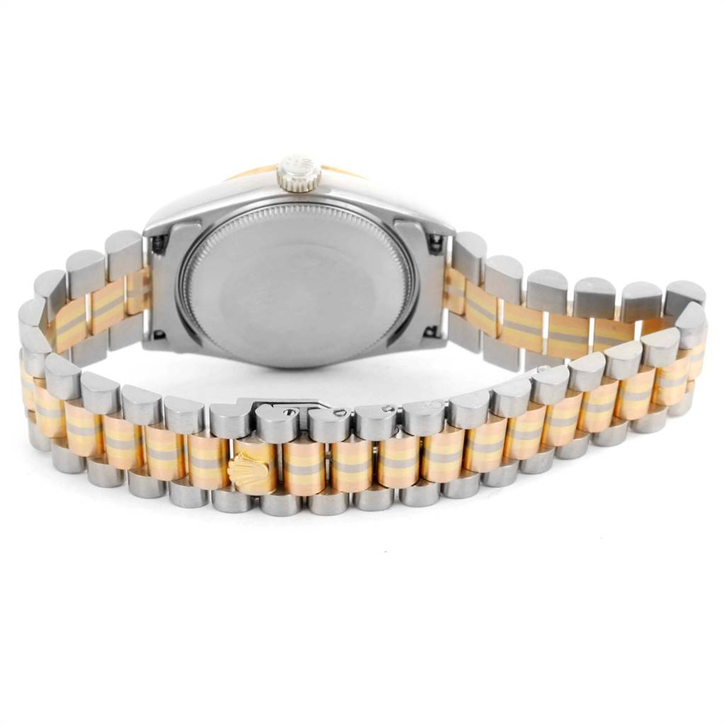 The image shows the back view of a Rolex President 68279 Women's White Gold Champagne Dial 68279 Women's White Gold Champagne Dial model watch, focusing on the case back and two-tone bracelet.