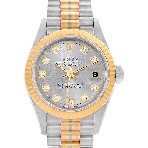 The image shows a frontal view of the Rolex President 69179 Women's White Gold Silver Dial 69179 Women's White Gold Silver Dial Datejust watch, showcasing its dial, bezel, and two-tone bracelet.