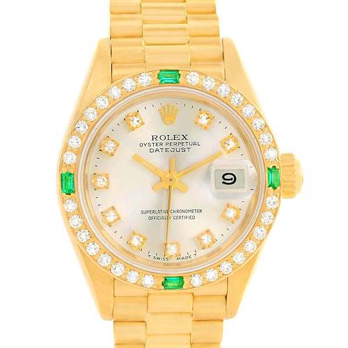 This image shows a front-facing view of a Rolex President 69078 Women's Yellow Gold Silver Dial 69078 Women's Yellow Gold Silver Dial Datejust watch, highlighting the dial, bezel, and part of the bracelet.