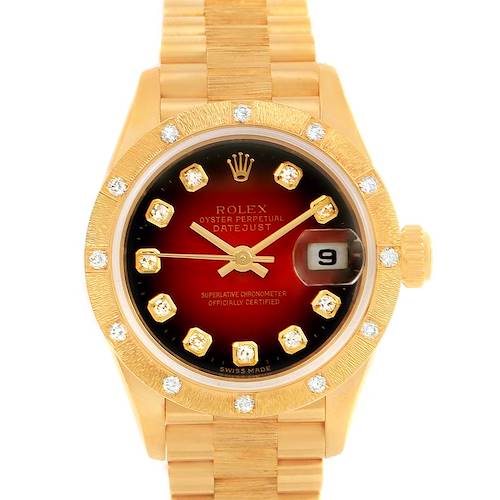 This Rolex President 79288 Women's Yellow Gold Red Dial 79288 Women's Yellow Gold Red Dial model watch is shown from the front, displaying its dial, bezel, hands, date window, and bracelet.