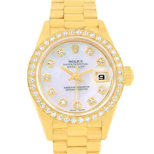 The image shows a frontal view of a Rolex President 69138 Women's Yellow Gold Mother of Pearl Dial 69138 Women's Yellow Gold Mother of Pearl Dial watch, highlighting the dial, bezel, and bracelet.
