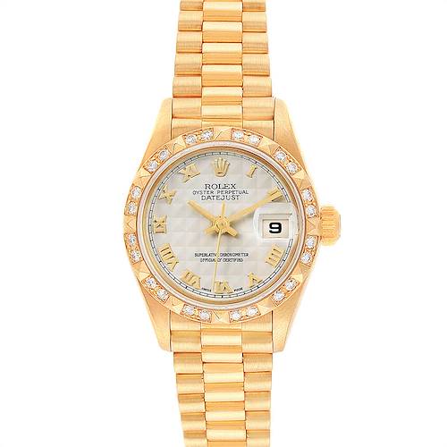 This is a Rolex President 69258 Women's Yellow Gold Beige Dial 69258 Women's Yellow Gold Beige Dial model watch with a gold bracelet, diamond-studded bezel, and date display.