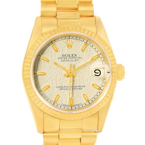 This image shows a frontal view of a Rolex President 68278 Women's Yellow Gold Beige Dial 68278 Women's Yellow Gold Beige Dial model watch, displaying the face, bezel, and part of the bracelet.