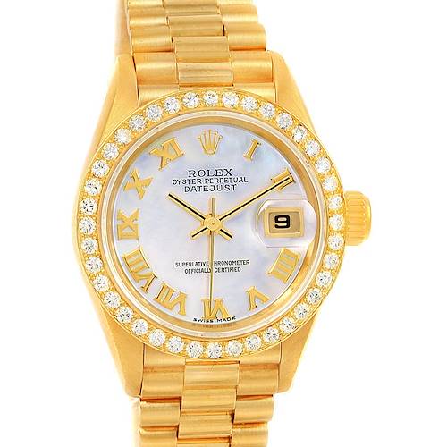 The image shows a Rolex President 79178 Women's Yellow Gold Mother of Pearl Dial 79178 Women's Yellow Gold Mother of Pearl Dial Datejust watch from a front angle, highlighting its gold band, bezel with diamonds, and face with Roman numerals.