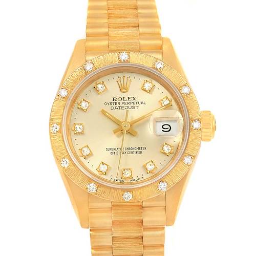 The image shows a front view of the Rolex President 69288 Women's Yellow Gold Silver Dial 69288 Women's Yellow Gold Silver Dial model watch, highlighting its gold band, bezel, and diamond markers.