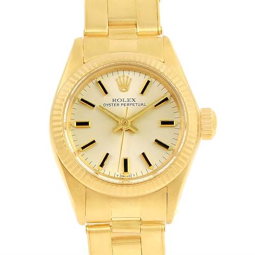 This Rolex President 6719 Women's Yellow Gold Silver Dial 6719 Women's Yellow Gold Silver Dial model watch is shown from a straight-on angle, displaying its face, bezel, and part of its bracelet.