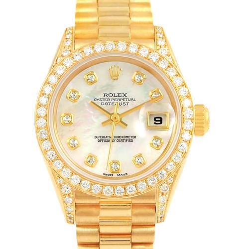 This image shows a front view of a Rolex President 79158 Women's Yellow Gold Mother of Pearl Dial 79158 Women's Yellow Gold Mother of Pearl Dial model watch, highlighting its diamond-studded bezel and dial.