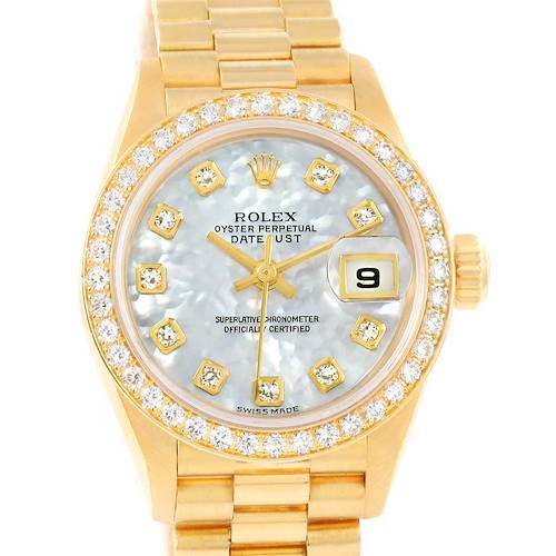 The Rolex President 79138 Women's Yellow Gold Mother of Pearl Dial 79138 Women's Yellow Gold Mother of Pearl Dial model is shown from above, featuring its face, bezel, crown, and part of the bracelet.