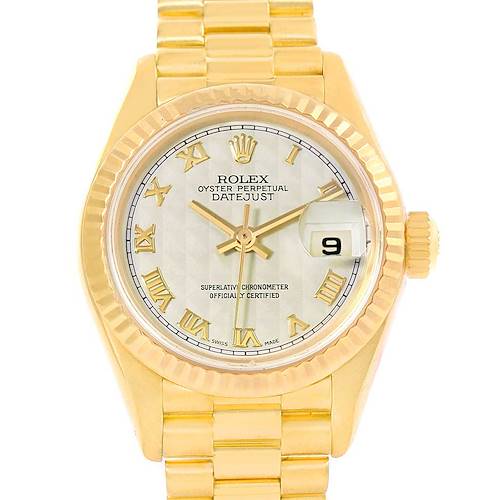 This image shows a frontal view of a Rolex President 79178 Women's Yellow Gold Beige Dial 79178 Women's Yellow Gold Beige Dial Datejust watch, highlighting its gold band, bezel, dial, and date window.
