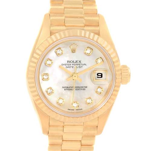 This image shows the face, bezel, crown, and part of the band of the Rolex President 69178 Women's Yellow Gold Mother of Pearl Dial 69178 Women's Yellow Gold Mother of Pearl Dial model watch.