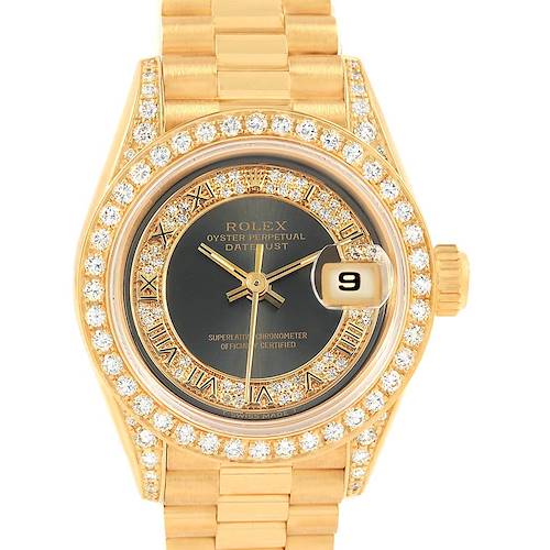 The image shows a frontal view of the Rolex President 69158 Women's Yellow Gold Grey Dial 69158 Women's Yellow Gold Grey Dial model with a gold band and diamond-encrusted bezel.