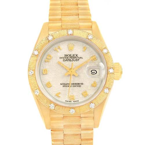The image shows a Rolex President 69288 Women's Yellow Gold Beige Dial 69288 Women's Yellow Gold Beige Dial model watch from a front angle, highlighting the face, dial, bezel, and bracelet.