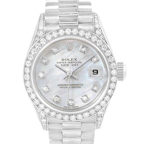 The image shows a front view of a Rolex President 79159 Women's White Gold Mother of Pearl Dial 79159 Women's White Gold Mother of Pearl Dial model watch featuring a diamond bezel, mother-of-pearl dial, and date display.