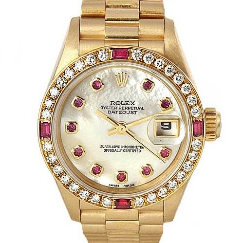 This is a front view of a Rolex President 69068 Women's Yellow Gold Mother of Pearl Dial 69068 Women's Yellow Gold Mother of Pearl Dial model watch, showcasing its diamond and ruby-studded bezel, dial, and gold bracelet.