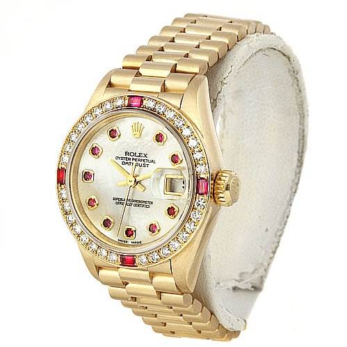 The Rolex President 69068 Women's Yellow Gold Mother of Pearl Dial 69068 Women's Yellow Gold Mother of Pearl Dial model watch is shown at a slight angle, displaying the face, band, crown, and bejeweled bezel clearly.