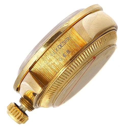 The image shows a side view of the case and crown of a Rolex President 69068 Women's Yellow Gold Mother of Pearl Dial 69068 Women's Yellow Gold Mother of Pearl Dial model watch.