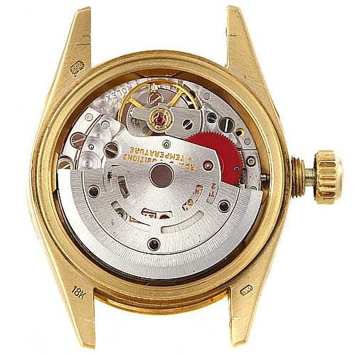 This image shows the internal mechanism of a Rolex President 69068 Women's Yellow Gold Mother of Pearl Dial 69068 Women's Yellow Gold Mother of Pearl Dial model watch from a back angle.