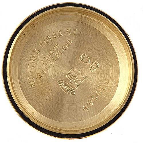 This image shows the interior of the case back of a Rolex President 69068 Women's Yellow Gold Mother of Pearl Dial 69068 Women's Yellow Gold Mother of Pearl Dial model watch.