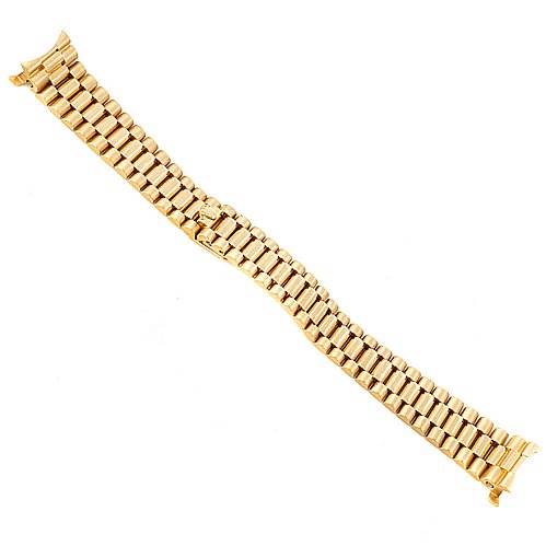The image shows a gold watch bracelet for the Rolex President 69068 Women's Yellow Gold Mother of Pearl Dial 69068 Women's Yellow Gold Mother of Pearl Dial model laid flat, displaying its links and clasp.
