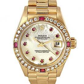 The image shows a frontal view of a Rolex President 69068 Women's Yellow Gold Mother of Pearl Dial 69068 Women's Yellow Gold Mother of Pearl Dial watch, highlighting its dial, bezel, and bracelet.