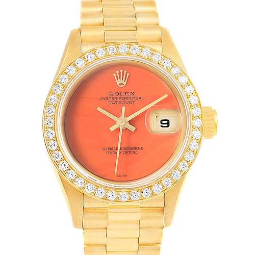 This image shows a front view of a Rolex President 69178 Women's Yellow Gold Orange Dial 69178 Women's Yellow Gold Orange Dial model watch, displaying the face, bezel, and part of the bracelet.
